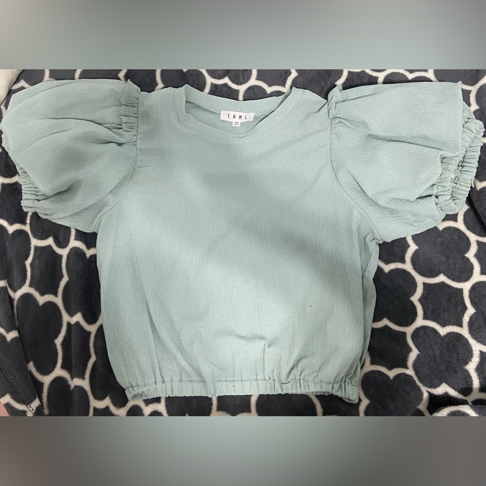 THML, green puff sleeve shirt, size XS